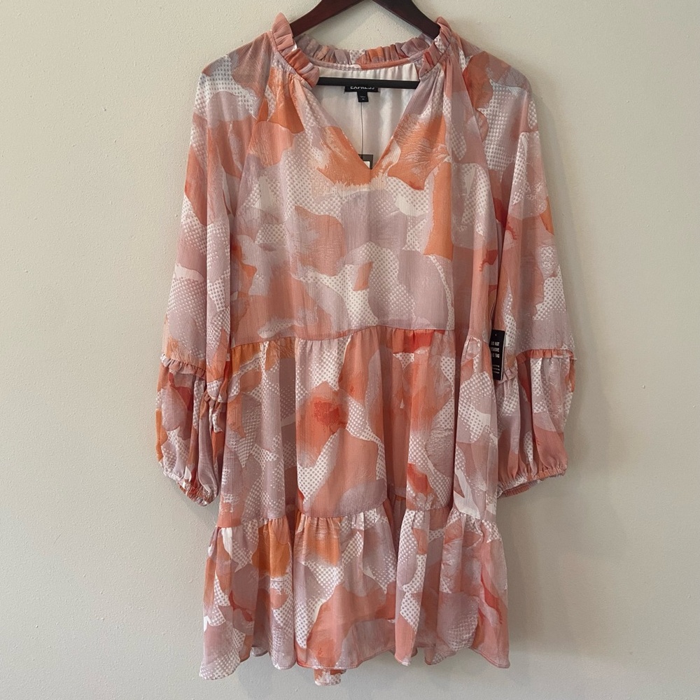 $88 NWT Express V-Neck Dress Sundress Medium Orange Light Purple Tiered